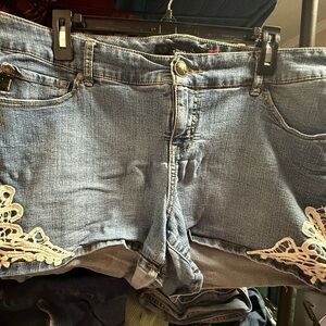 Torrid Blue Denim Shorts with Cream Lace Accents